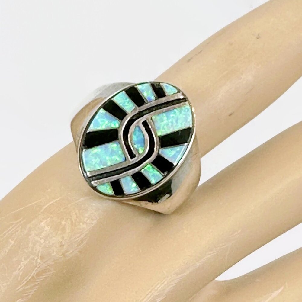 Opal Ring, Native American, Zuni, Black Onyx, Sterling Silver, Vintage, Size 11 - Picture 2 of 5